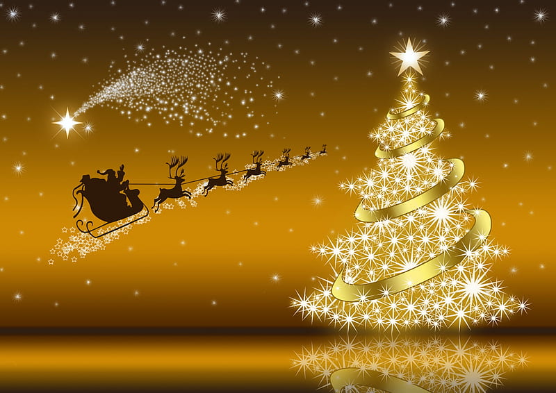 CHRISTMAS TREE, SLEIGH, DESIGN, TREE, LIGHTS, HD wallpaper | Peakpx