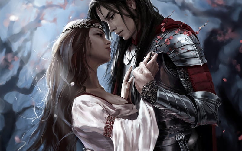 Guinevere and Lancelot, red, man, woman, lancelot, armor, fantasy, guinevere, love, white, princess, couple, olggah, blue, knight, HD wallpaper