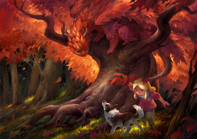 Autumn leaves, tree, fantasy, luminos, orange, girl, dragon, sandara, red, caine, dog, HD wallpaper