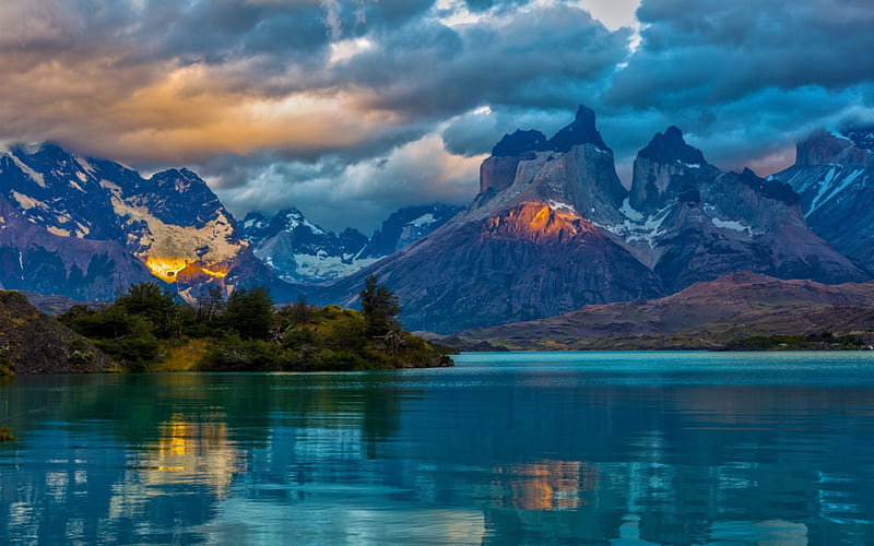 Magnificent Sunrise, dawn, National Park, Torres del Paine, bonito, sky, clouds, mountains, Chile, river, snowy peaks, HD wallpaper