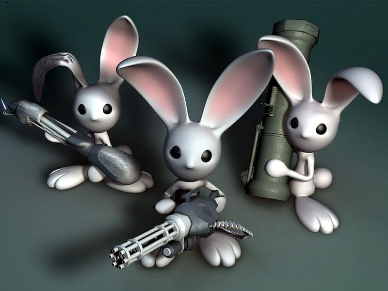 Easter Bunnies, weapons, fantasy, rabbits, abstract, artwork, mini-gun, HD wallpaper