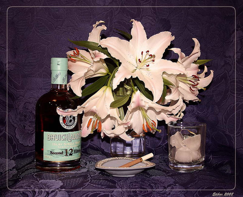 Old hollywood style, saucer, bottle, vase, liquor, cigarette, glass, lillies, ice, flowers, lilly, HD wallpaper