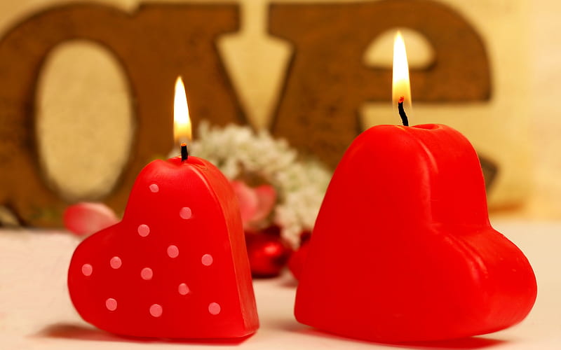 Candles, red, pretty, together, bonito, valentine, atmosphere, graphy, nice, heart shape, love, siempre, beauty, magnificent, miracle, light, valentines day, candle, lovely, romantic, romance, deep red, you and i, corazones, believe, two candles, feng shui, heart, entertainment, table design, fashion, HD wallpaper