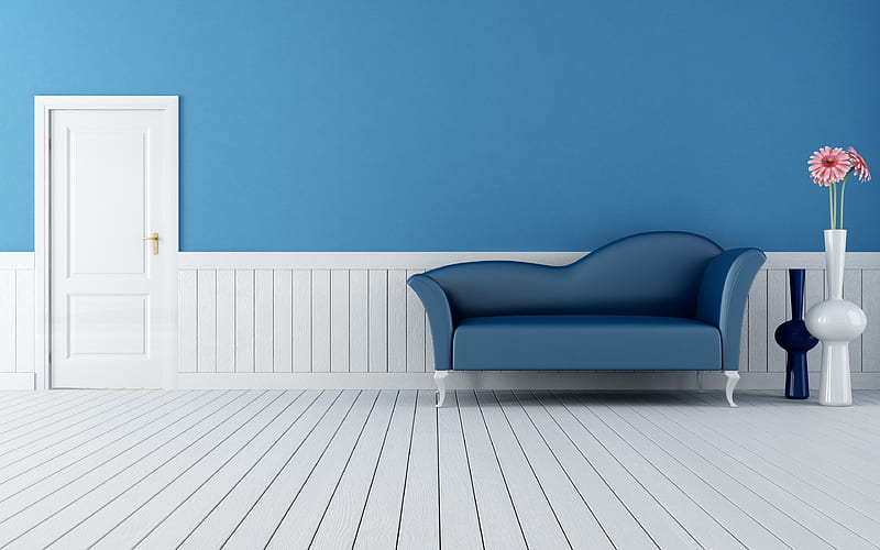 hallway, blue room, modern apartment, blue sofa, modern design, interior idea, HD wallpaper