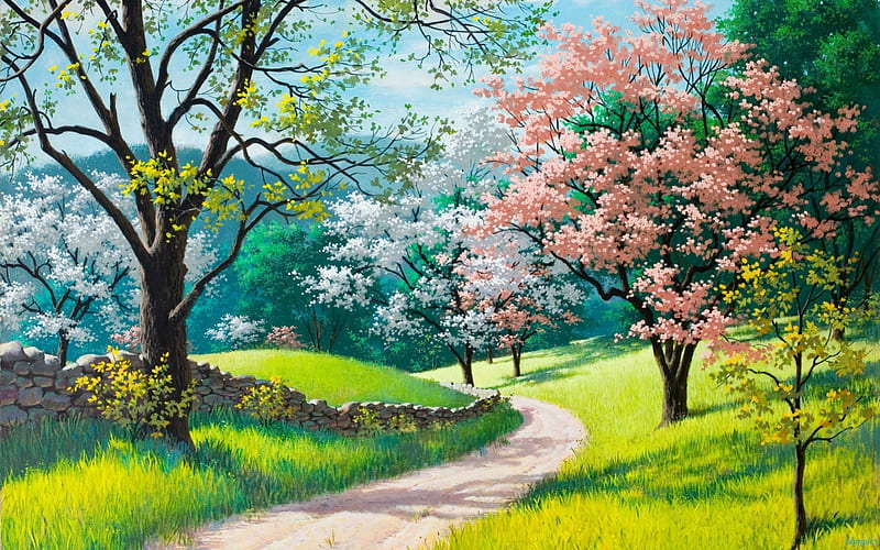 spring, painting, blossoms, path, pink, HD wallpaper