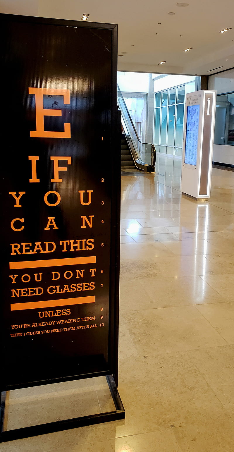 Glasses needed, eye exam, funny, humour, mall, optometry, orange, saying, HD phone wallpaper