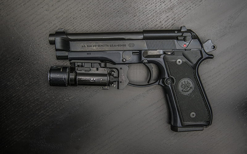 Beretta M9, self-loading combat pistol, American weapons, pistol with flashlight, HD wallpaper