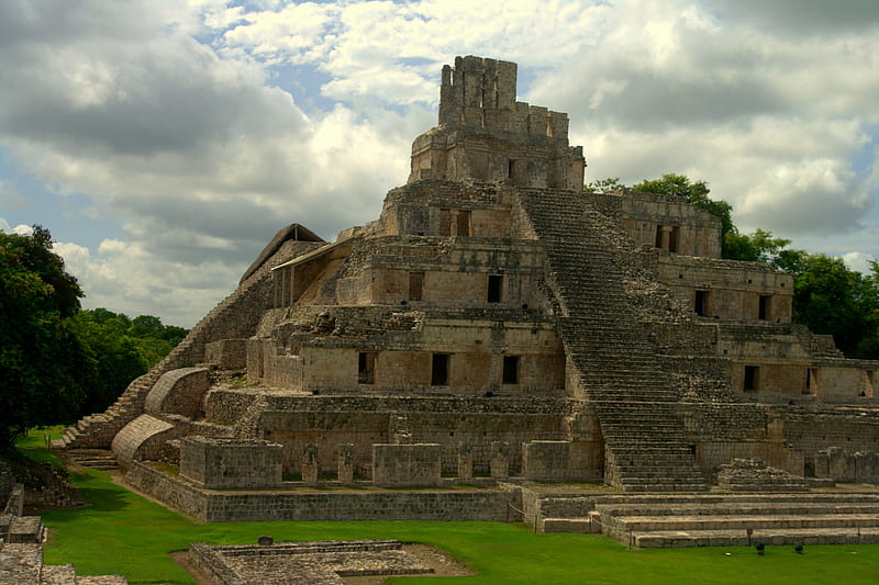 Edzna Archaeological Site, architecture, Edzna, Campeche, ancient, ruins, sky, archaeological site, clouds, jungle, temple, Maya, steps, Mexican, HD wallpaper