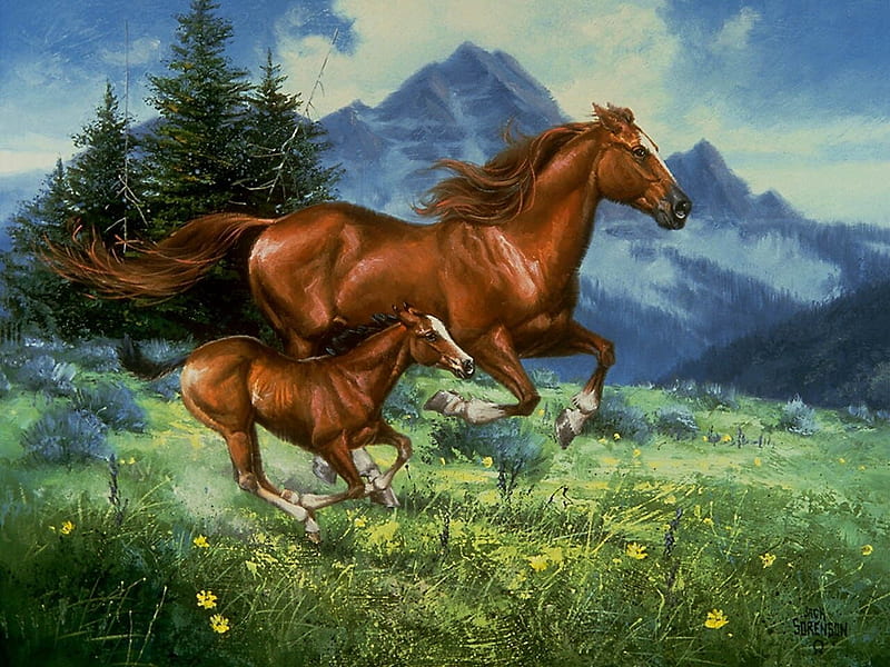 Spring run off, art, brown, moutain, horse, cal, jack sorenson, green, painting, pictura, blue, HD wallpaper