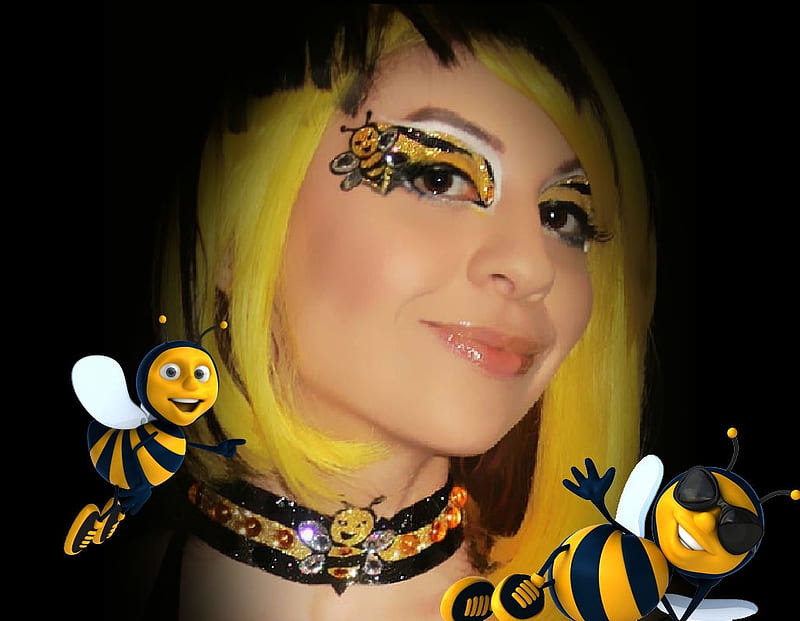 Bumble Bee Girl, colorful, female, black, yellow, fun, adorable, bumble bees, woman, bees, cute, fantasy, girl, bumble, bright colors, feminine, funny, HD wallpaper