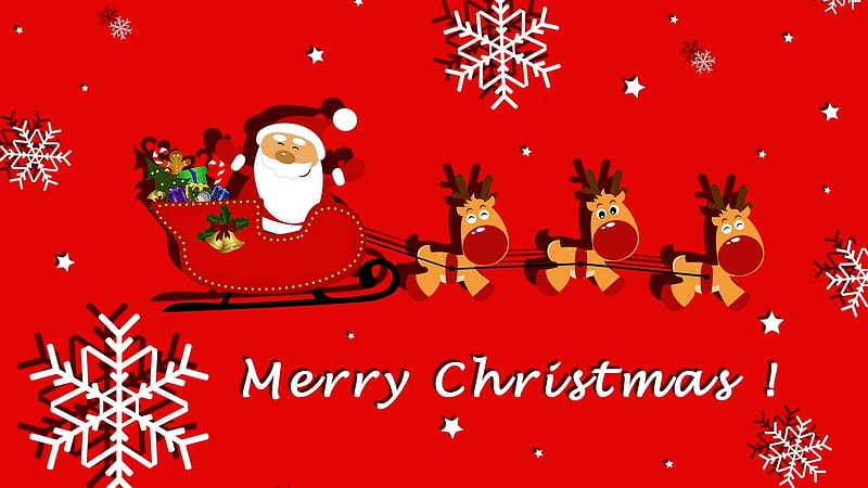 Christmas Merry Christmas Red Reindeer Santa Claus Sleigh Snowflake Snowflake, HD wallpaper