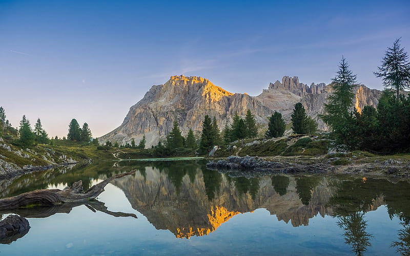 mountain lake, Alps, morning, sunrise, forest, beautiful mountain landscape, Italy, HD wallpaper