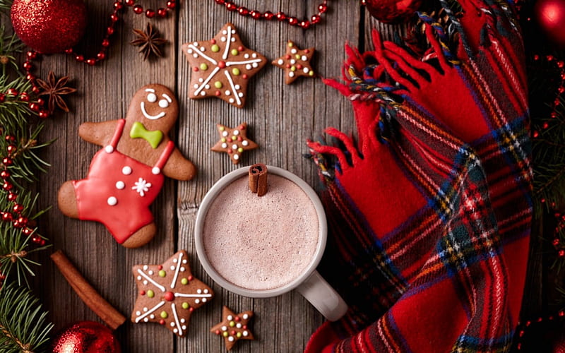Merry Christmas!, red, craciun, christmas, food, sweet, dessert, cookies, cup, cocoa, wood, HD wallpaper