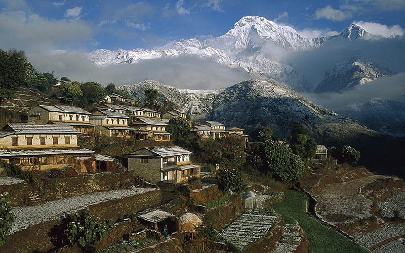 ghangdrung village, nepal, homes on hills, snow, mountains, HD wallpaper