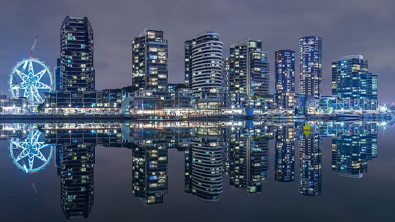 Cities, Night, Skyscraper, Building, Reflection, Ferris Wheel, Australia, Melbourne, Victoria Harbour, HD wallpaper
