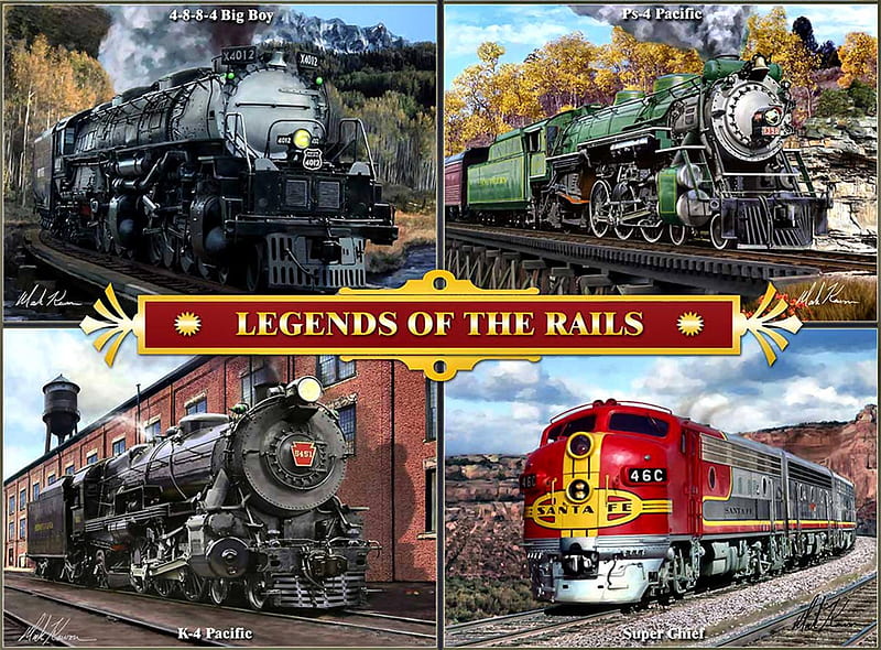 Legends of the Rails 1, railroad, art, crossings, locomotive, artwork, train, engine, painting, wide screen, tracks, HD wallpaper