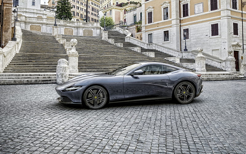Ferrari Roma, 2020, exterior, gray sports coupe, new gray Roma, Italian sports cars, Ferrari, HD wallpaper