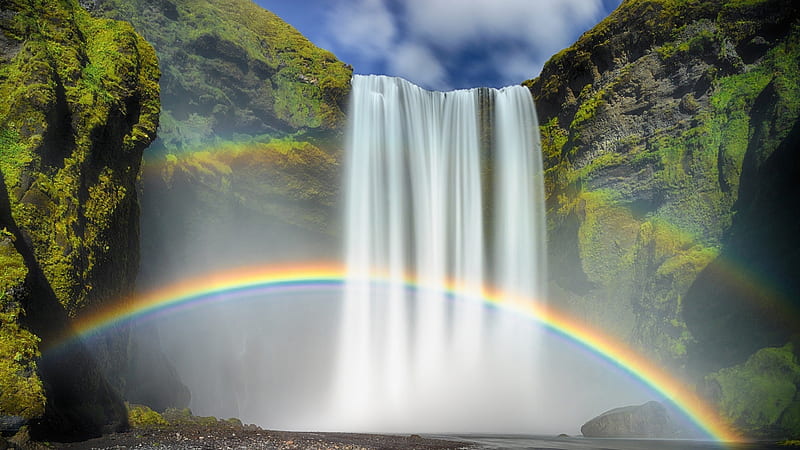 Double Rainbow Waterfall in Iceland, Rainbow, Rock, Sky, Pool, Moss, Water,  Mountains, HD wallpaper | Peakpx