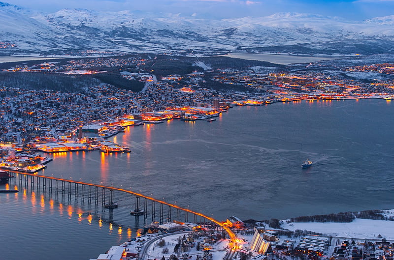 Tromsoe, Norway, city, water, snow, clouds, lights, sea, HD wallpaper