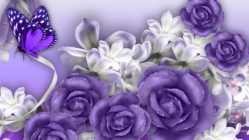 Lovely Lavender Roses, shine, plumeria, rosoes, lavender, sparkle, frangipani, butterfly, purple, flowers, Firefox Persona theme, HD wallpaper