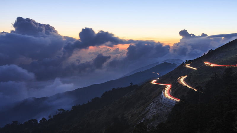 long exposure lights on a serpentine mountain road, mountain, dusk, road, clouds, lights, HD wallpaper