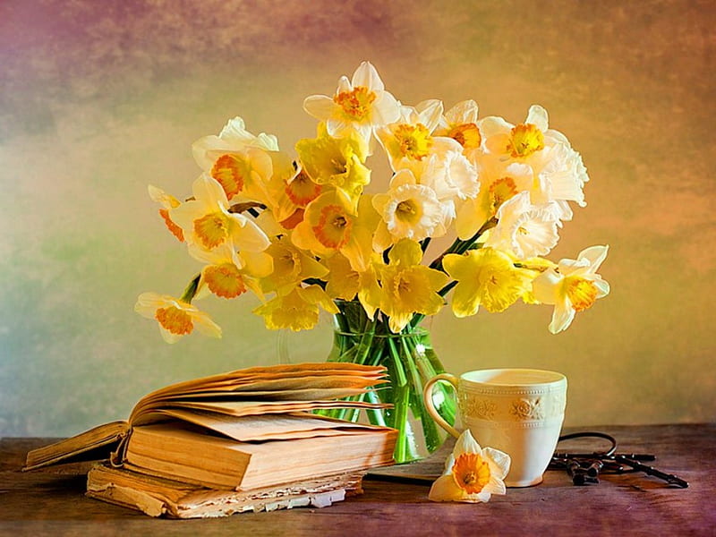 Sunny day reading, yellow, sunny, books, daffodils, HD wallpaper