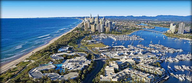 Beautiful Sunny Day, skyscraper, hills, lakes, buildings, cityscape, sea, beach, sand, water, green, Australia, blue, HD wallpaper