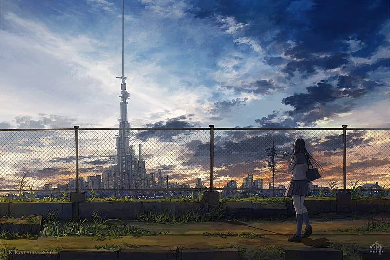 skyscrapers, anime girl, sci-fi, fence, sunset, clouds, Anime, HD wallpaper