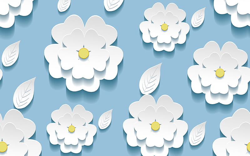 white 3D flowers floral patterns, blue backgrounds, 3D flowers, blue abstract background, 3D flowers textures, 3D textures, background with flowers, HD wallpaper