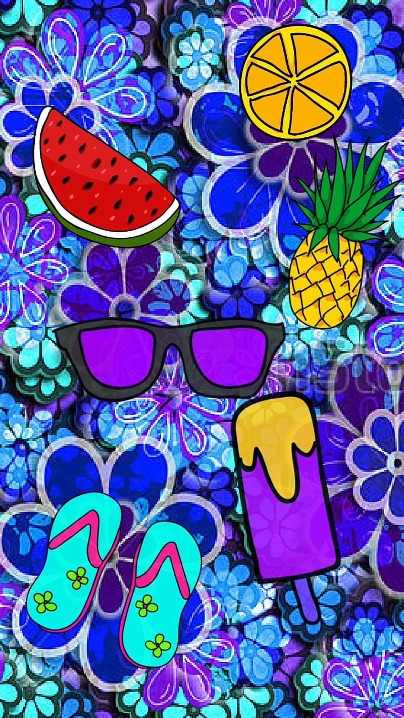Cool Summer, flip flops, flowers, glasses, lemon, orange, pineapple, popsicle, watermelon, HD phone wallpaper