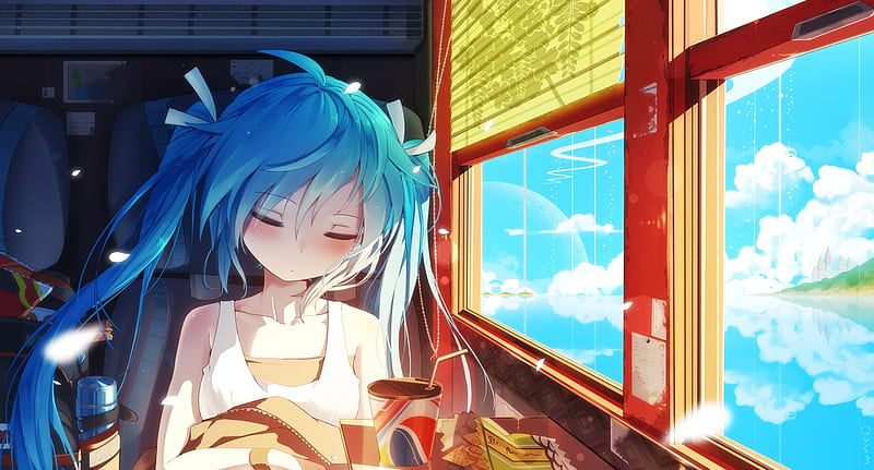 hatsune miku, sleeping, train trip, vocaloid, mood, relaxing, aqua hair, Anime, HD wallpaper
