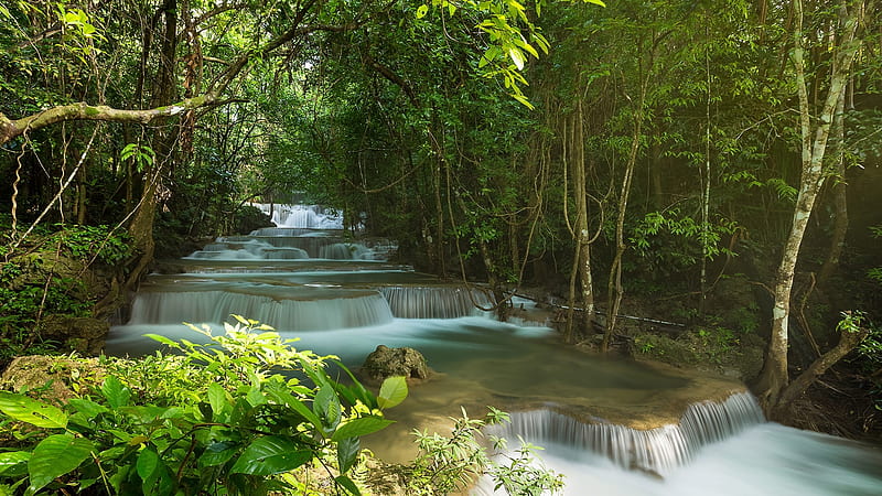 Huay Mae Khamin waterfall, forest, stream, Thailand, Kanchanaburi, jungle, Huay Mae Khamin, waterfall, nature, HD wallpaper