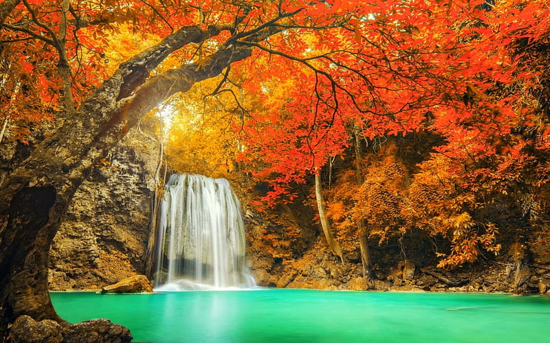 Autumnal Waterfall, colorful, fall, Thailand, Erawan, turquoise water, bonito, sunset, trees, lake, leaves, river, HD wallpaper