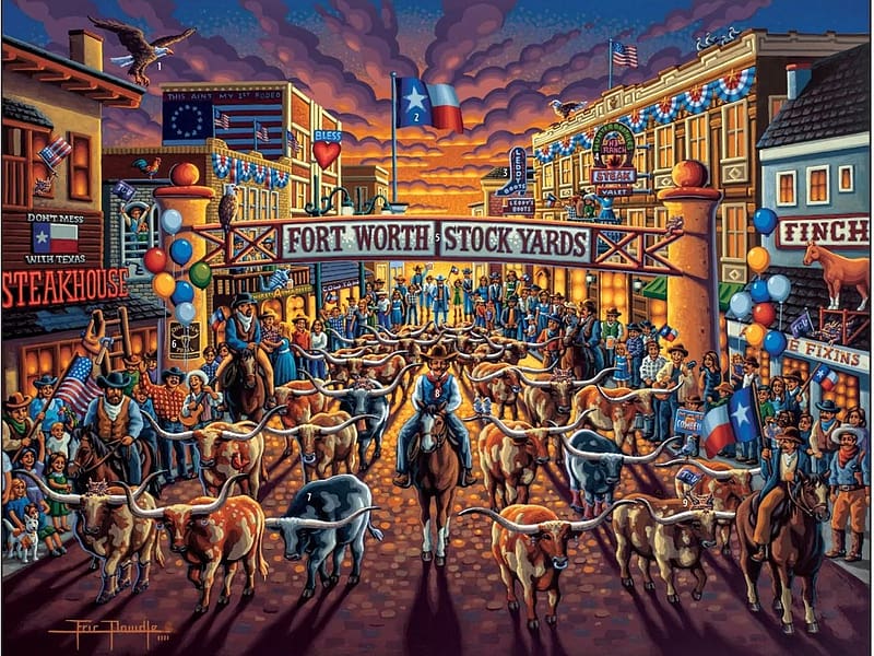 Fort Worth Stock Yards, artwork, horses, painting, street, cattle, houses, people, folk art, HD wallpaper
