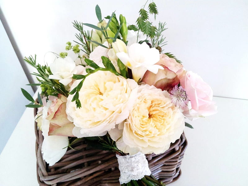 Bridal Basket, bouquet, basket, fresh, bright, flowers, HD wallpaper