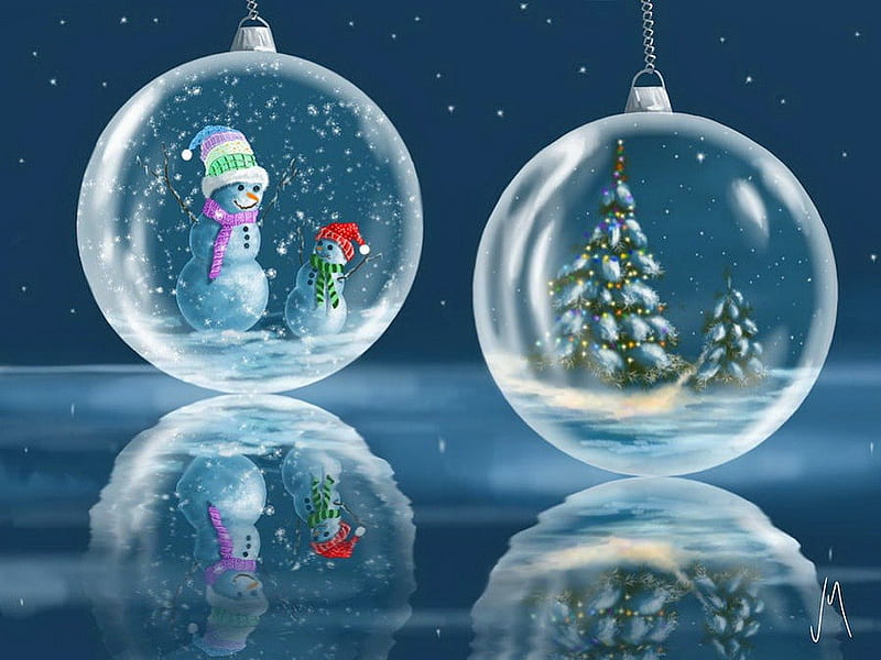 Ice balls, pretty, bonito, magic, nice, painting, bubbles, reflection, frost, night, stars, art, lovely, holiday, christmas, new year, sky, snowman, winter, tree, ebautiful, santa, balls, snow, frozen, HD wallpaper
