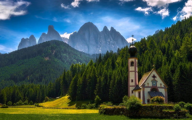 Santa Maddalena, Dolomites Alps, R, Villnoss, church, meadows, South Tyrol, Italy, HD wallpaper