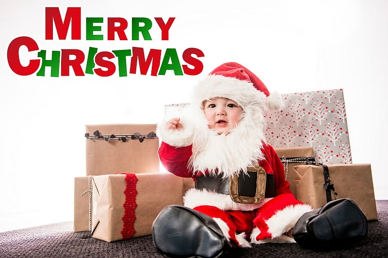 Merry Christmas ~ Santa in Training, child, christmas, parcels, santa clause, HD wallpaper