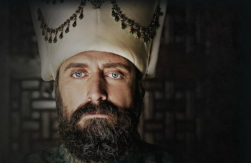 Halit Ergenc as Suleyman The Magnificent, sultan, halit ergenc, man, hat, suleyman, tv series, blue eyes, white, magnificent century, actor, HD wallpaper
