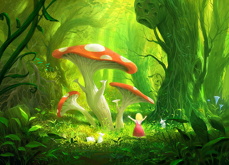 Mushrooms, red, forest, art, luminos, mushroom, lee b, cute, fantasy, girl, green, white, HD wallpaper