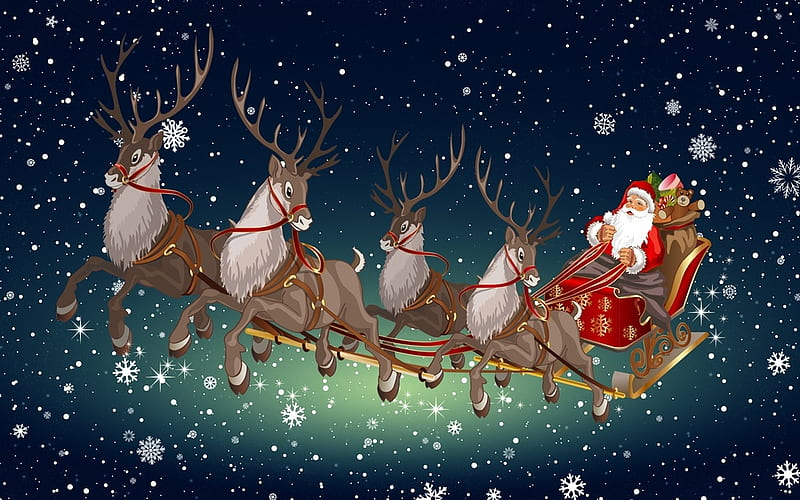 Merry Christmas, Sleigh, Deer, Santa Claus, Snow, Holiday, HD wallpaper