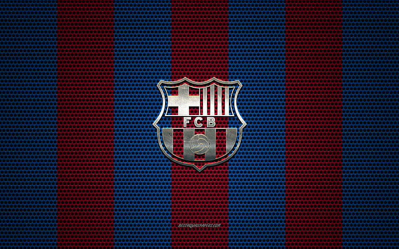 FC Barcelona logo, Spanish football club, metal emblem, blue burgundy metal mesh background, FC Barcelona, La Liga, Barcelona, Catalonia, Spain, football, HD wallpaper