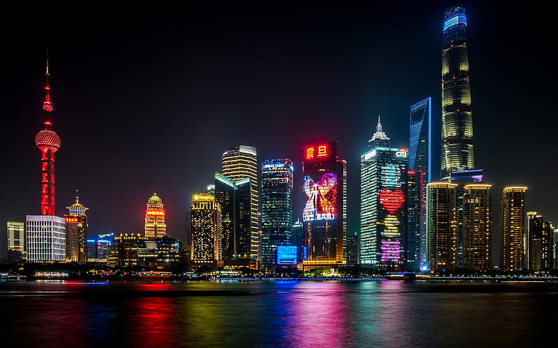 Shanghai, night city, Huangpu River, cityscapes, skyscrapers, TV tower, China, Asia, HD wallpaper