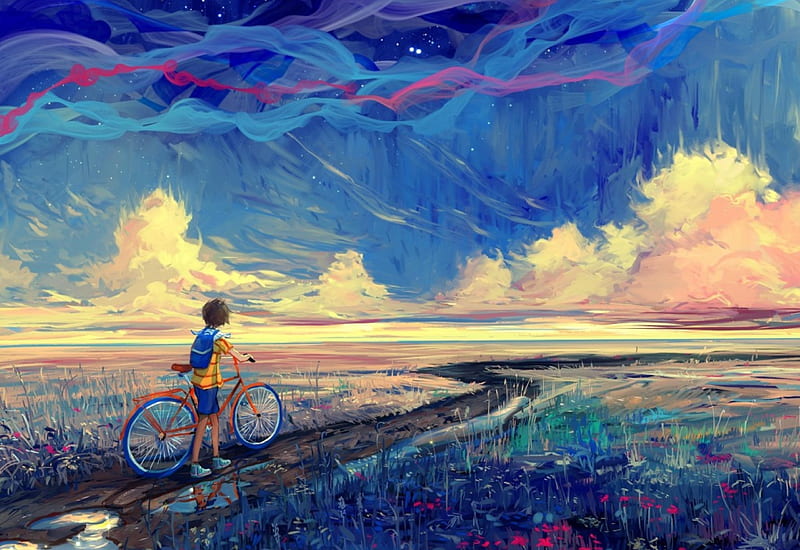 Country road, art, cloud, manga, bicycle, country, boy, anime, road, landscape, blue, HD wallpaper
