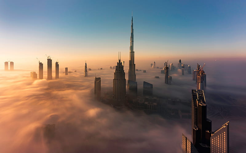 Dubai, morning, sunrise, fog, modern architecture, metropolis, skyscrapers above the clouds, UAE, Burj Khalifa, HD wallpaper