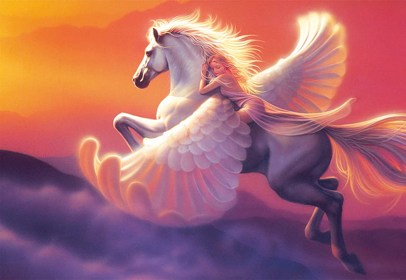 My Pegasus, colorful, sweet girl, fantasy, pegasus, white, winged, horse, abstract, HD wallpaper