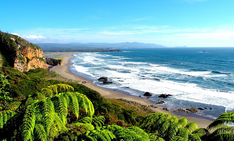Chepu Beach, Chiloe, sand, water, green, mountains, ocean, Chile, sunset, trees, HD wallpaper