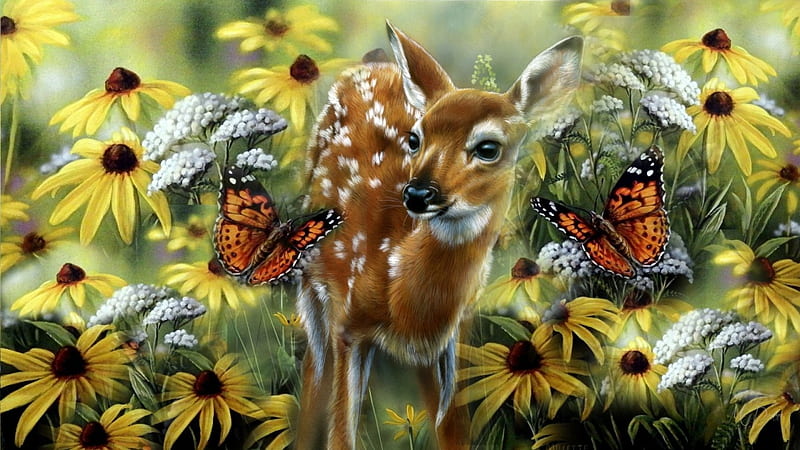 Spring Fawn, fawn, painting, flowers, black eyed suans, Rosemary Millette, deer, HD wallpaper