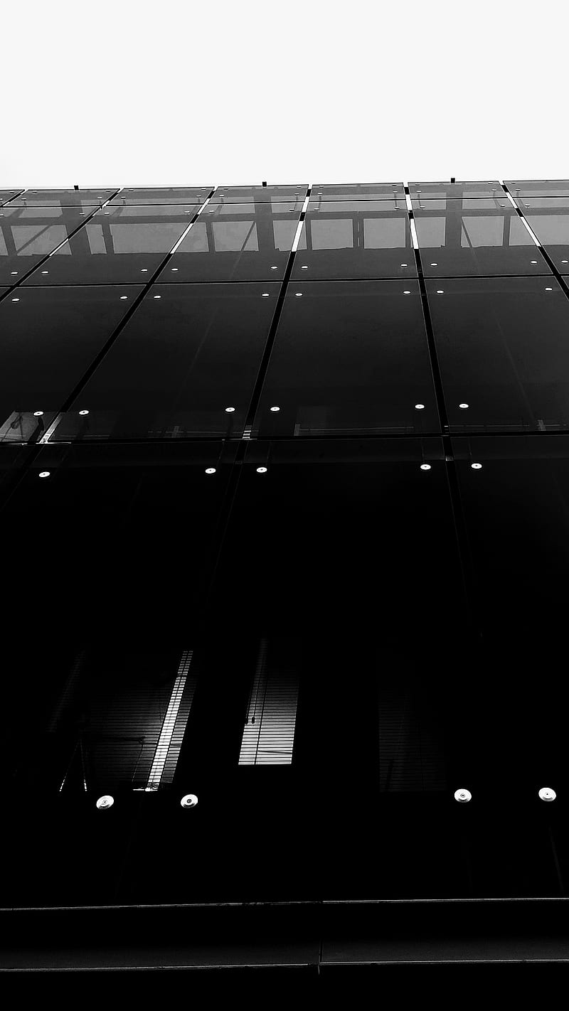 Darchitecture, architecture, black, building, city, dark, facade, glass, oled, perspective, sky, HD phone wallpaper