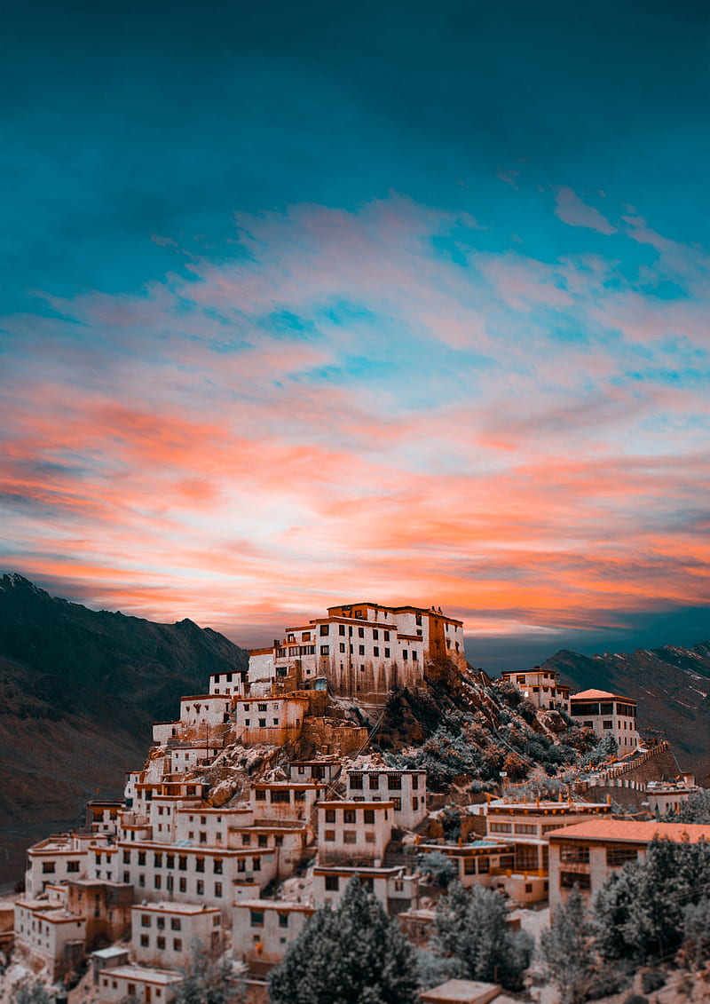 monastery, Harsh, castle, colourful, fantasy, fort, hills, hilltop, india, mountain, nature, sky, solitude, teal, HD phone wallpaper